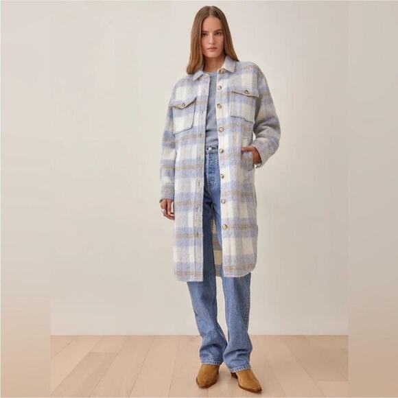Reformation Ainslie Button Up Flannel Oversized Jacket Light Blue White Plaid L - Picture 11 of 12